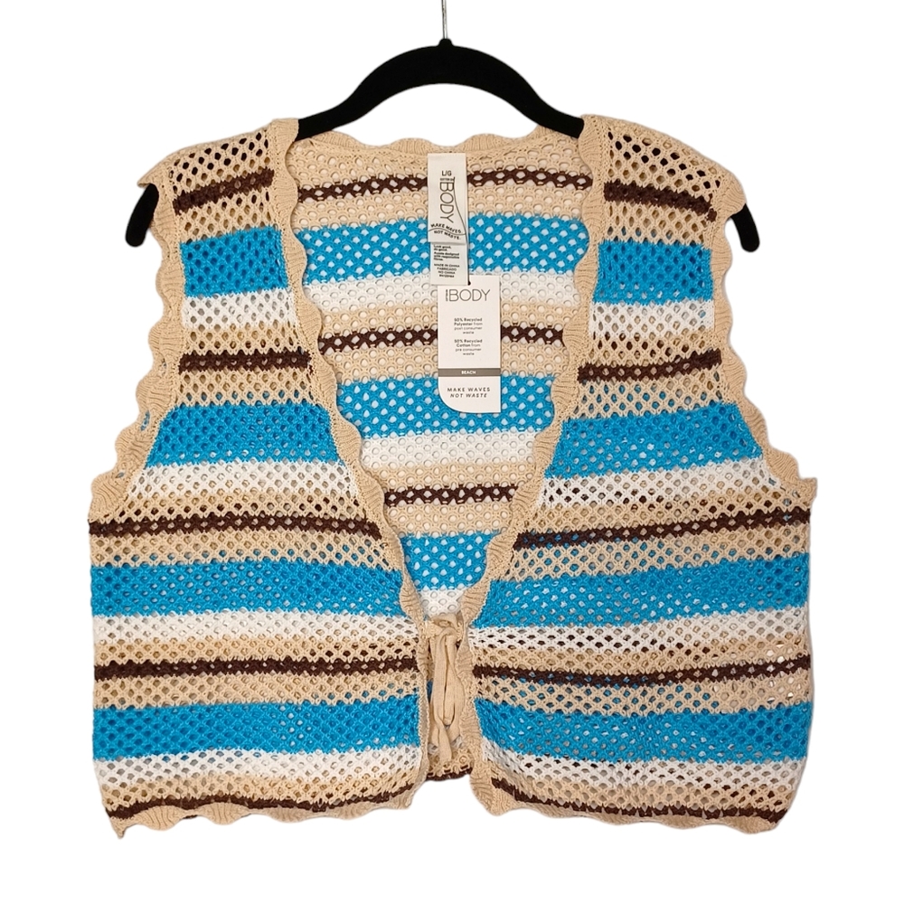 COTTON ON BODY Beach Crochet Tan Brown Blue Stripe Print Sleeveless Vest L NWT